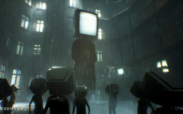 HD desktop wallpaper of Observer game, featuring dark silhouettes with screen heads in a rainy, cyberpunk setting.