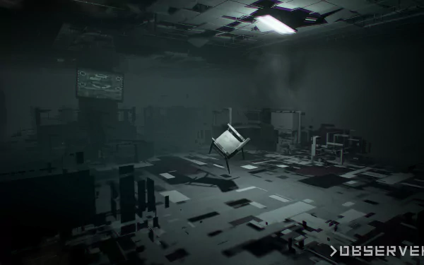 HD wallpaper depicting a dark, futuristic room with floating debris and the word OBSERVER illuminated at the bottom.