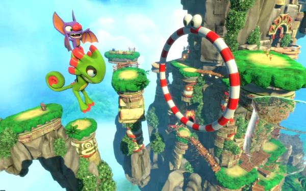 HD desktop wallpaper of Yooka-Laylee featuring the characters flying through a ring above vibrant floating islands.