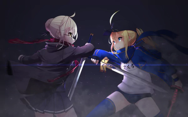 4K Ultra HD anime wallpaper featuring Heroine X and Saber from Fate/Grand Order locked in an intense sword duel.