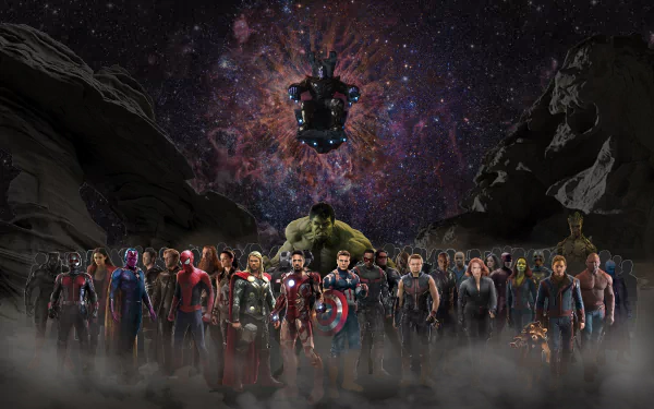 HD desktop wallpaper from Avengers: Infinity War featuring a lineup of heroes in a cosmic setting with a nebula and rocky terrain.