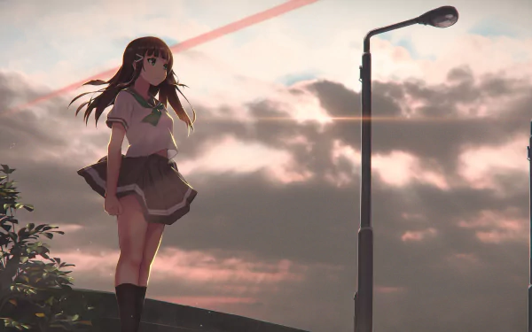 HD anime desktop wallpaper featuring Dia Kurosawa from Love Live! Sunshine!! standing beside a streetlamp under a cloudy, fading sunset sky.