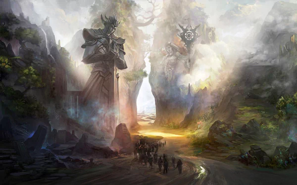 A HD fantasy adventure wallpaper featuring a group journeying through a mystical landscape with giant statues, dramatic mountains, and vibrant lighting.