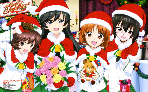 Four Girls und Panzer characters—Miho Nishizumi, Momo Kawashima, Hana Isuzu, and Yukari Akiyama—wear Santa hats, celebrating Christmas in a vibrant 4K Ultra HD anime wallpaper.