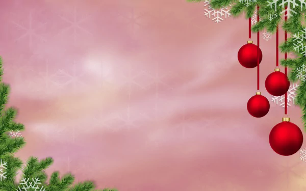 HD minimalist Christmas holiday wallpaper featuring red baubles and green pine branches against a soft pink background with snowflake accents.