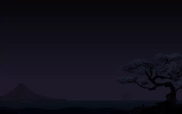 Artistic oriental landscape in dark hues with a silhouetted tree and distant mountains, designed as an HD PC desktop wallpaper and background.
