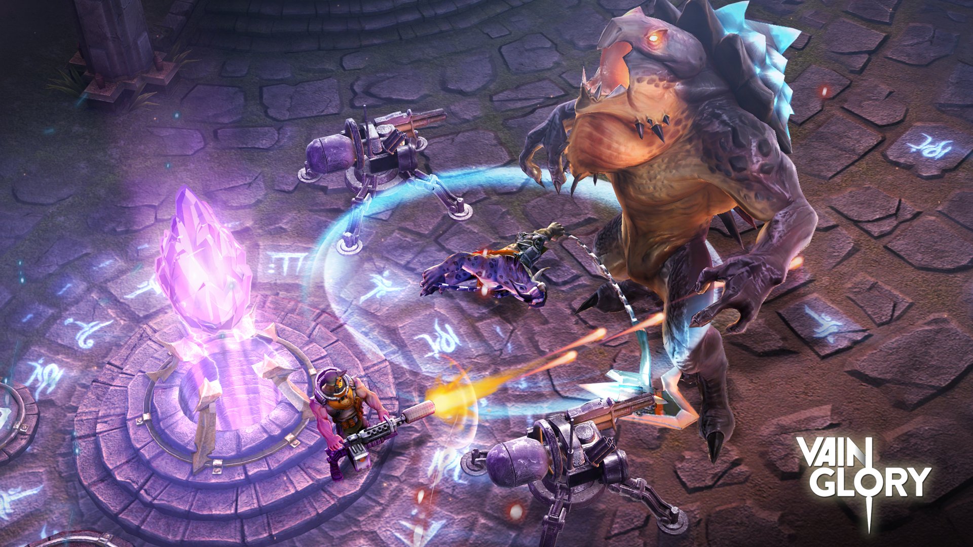 HD Vainglory desktop wallpaper featuring characters engaged in a vibrant battle around a central purple crystal structure.