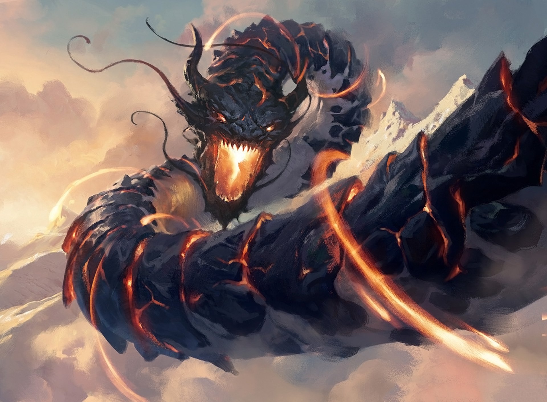 HD desktop wallpaper featuring a man-made dragon from Magic: The Gathering, with fiery glowing lines and a fierce expression against a cloudy mountain backdrop.