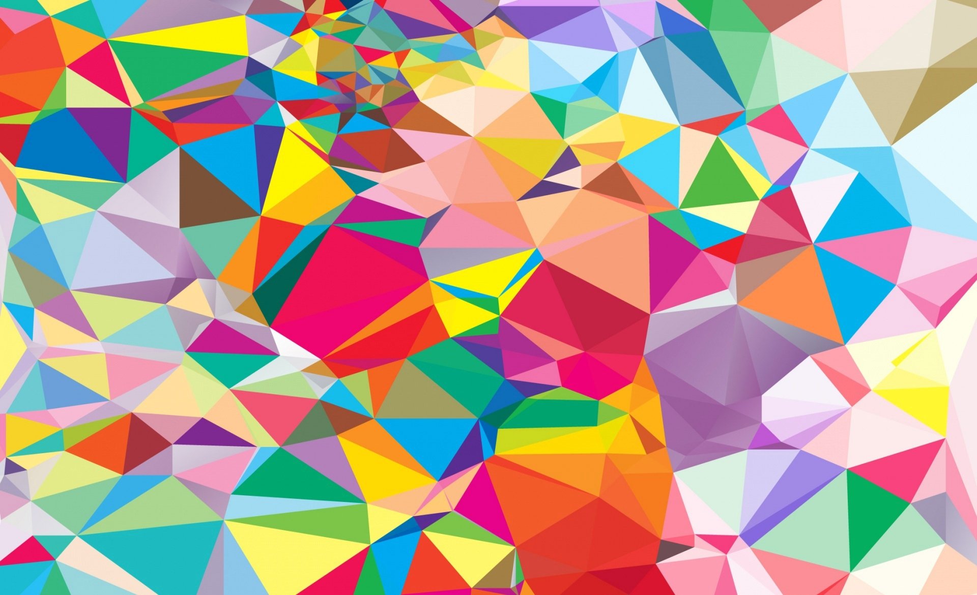 Vibrant abstract HD PC desktop wallpaper of overlapping colorful triangles forming a kaleidoscopic geometric background of bright, varied colors.