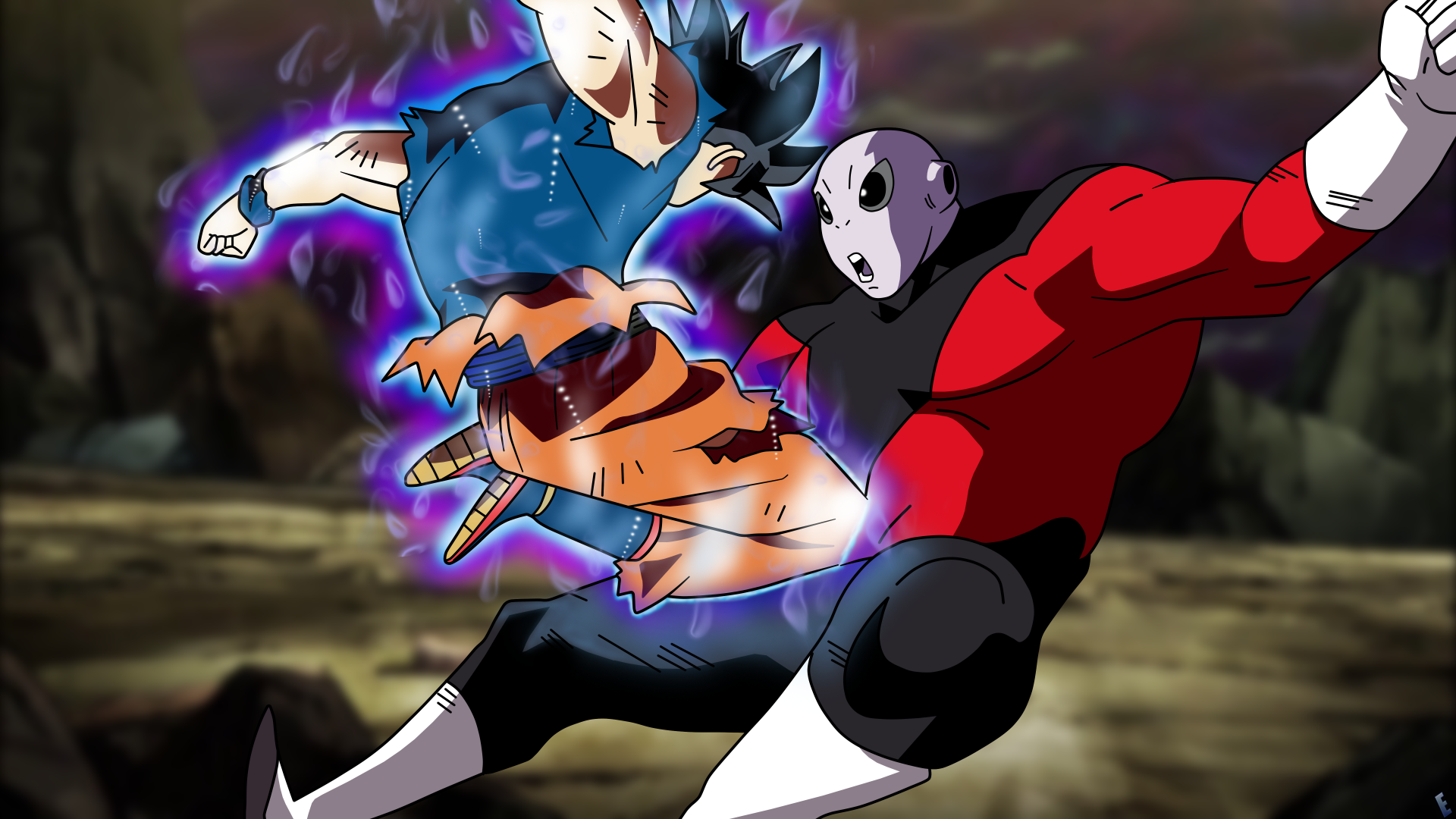 A high-definition desktop wallpaper from Dragon Ball Super, featuring an intense fight scene between anime characters Goku and Jiren, with vibrant energy auras illuminating their fierce battle.