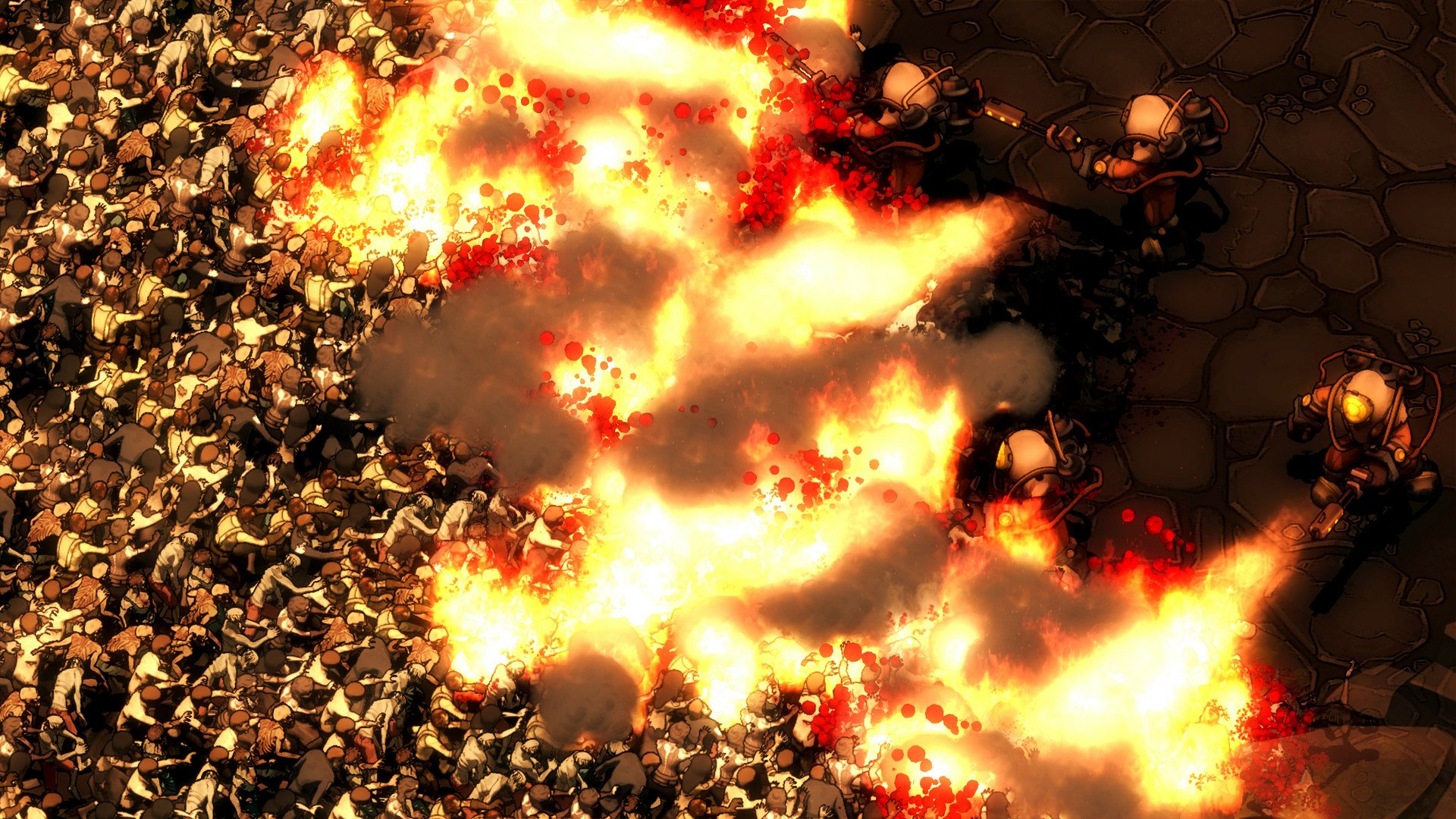 HD wallpaper featuring a steampunk zombie horde from They Are Billions engulfed in flames.
