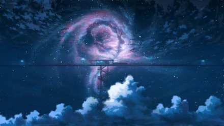 HD anime-style wallpaper featuring a spiral galaxy in the night sky above a silhouette of a bridge and clouds.