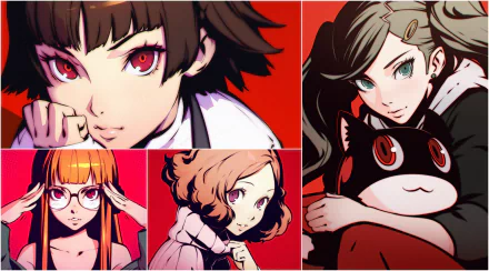 HD desktop wallpaper featuring Makoto Niijima, Ann Takamaki, Haru Okumura, and Futaba Sakura from the video game Persona 5, set against a striking red background.