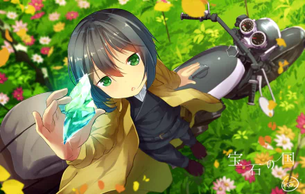 Anime HD wallpaper of Kino and Hermes from Kino's Journey, featuring vibrant greenery and detailed character art with Kino holding a glowing blue crystal.