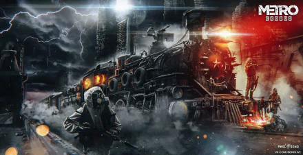 HD desktop wallpaper and background featuring a scene from the video game Metro Exodus, depicting a post-apocalyptic environment with a large, armored train and characters in protective gear.