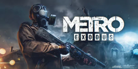 HD desktop wallpaper and background featuring a character in a gas mask holding a shotgun from the video game Metro Exodus. The game’s title is prominently displayed in bold white letters.