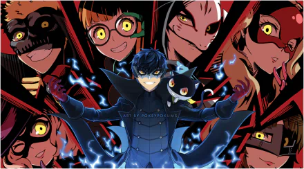 HD wallpaper featuring characters Morgana, Haru Okumura, Ryuji Sakamoto, Futaba Sakura, Yusuke Kitagawa, Makoto Niijima, Akira Kurusu, and Ann Takamaki from the video game Persona 5 in dynamic poses.
