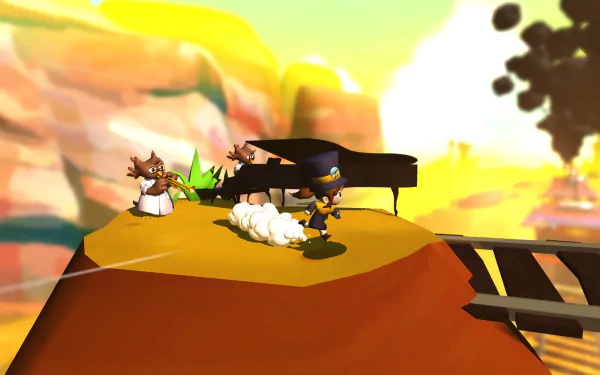 HD desktop wallpaper featuring characters from A Hat in Time, including the main character on a vibrant, whimsical landscape.