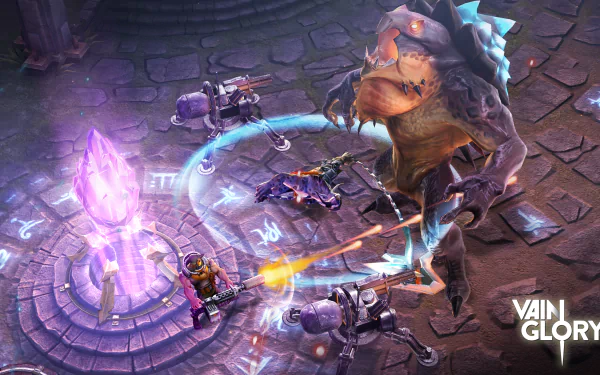 HD Vainglory desktop wallpaper featuring characters engaged in a vibrant battle around a central purple crystal structure.
