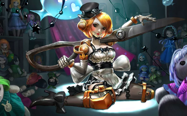 HD wallpaper of a Vainglory character posing with a bow amidst animated dolls and plush toys.