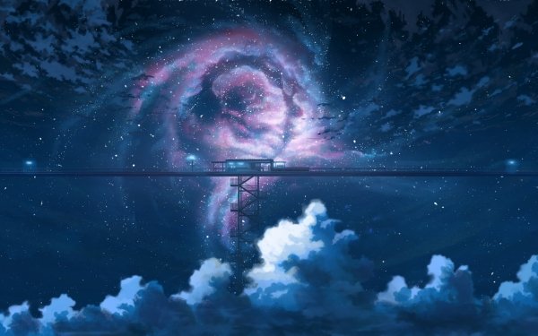 HD anime-style wallpaper featuring a spiral galaxy in the night sky above a silhouette of a bridge and clouds.