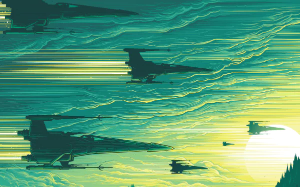 HD desktop wallpaper featuring X-Wings from Star Wars Episode VII: The Force Awakens, stylized in green hues with dynamic lines and a setting sun.