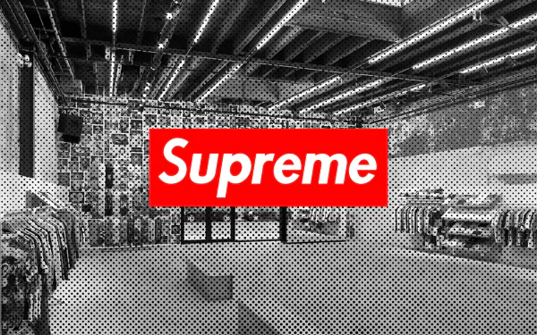 HD desktop wallpaper featuring a stylized Supreme brand storefront with a prominent red Supreme logo.