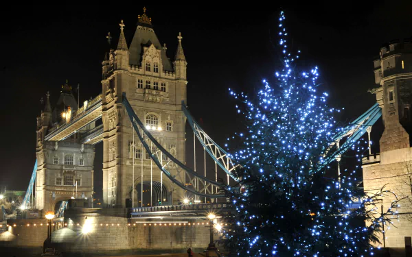 Night view of London's Tower Bridge illuminated with blue lights, featuring a glowing blue Christmas tree, capturing a festive holiday atmosphere in this HD desktop wallpaper.