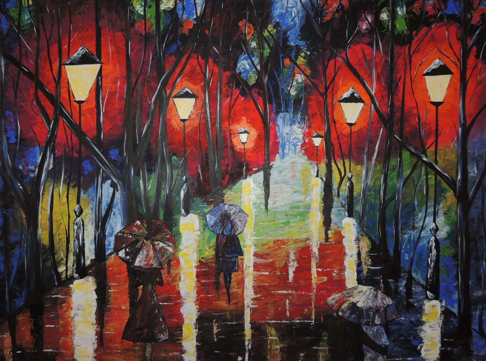 Acrylic Painting of People in the Rain by Todi