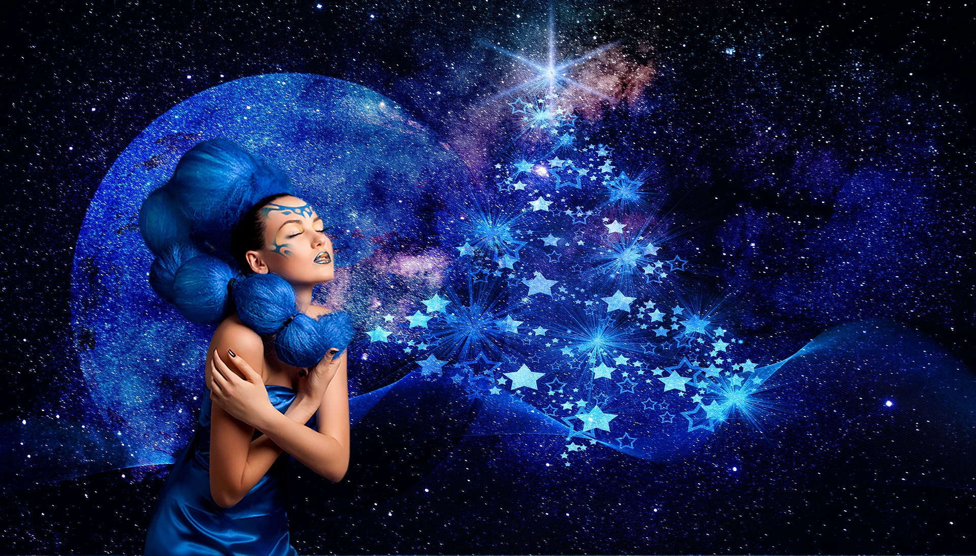 Blue-Haired Fantasy Woman with Starry Christmas Tree Under Moonlit Sky