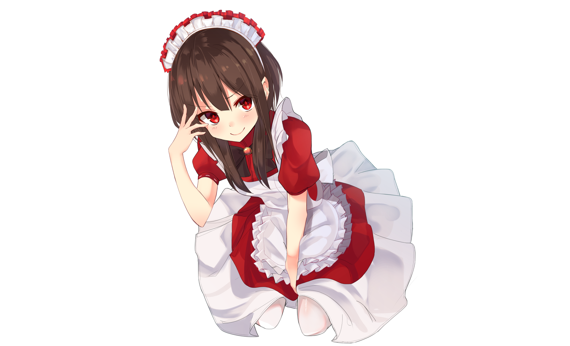 HD desktop wallpaper featuring Megumin from KonoSuba: God's Blessing on This Wonderful World!!, dressed in a red and white maid uniform.