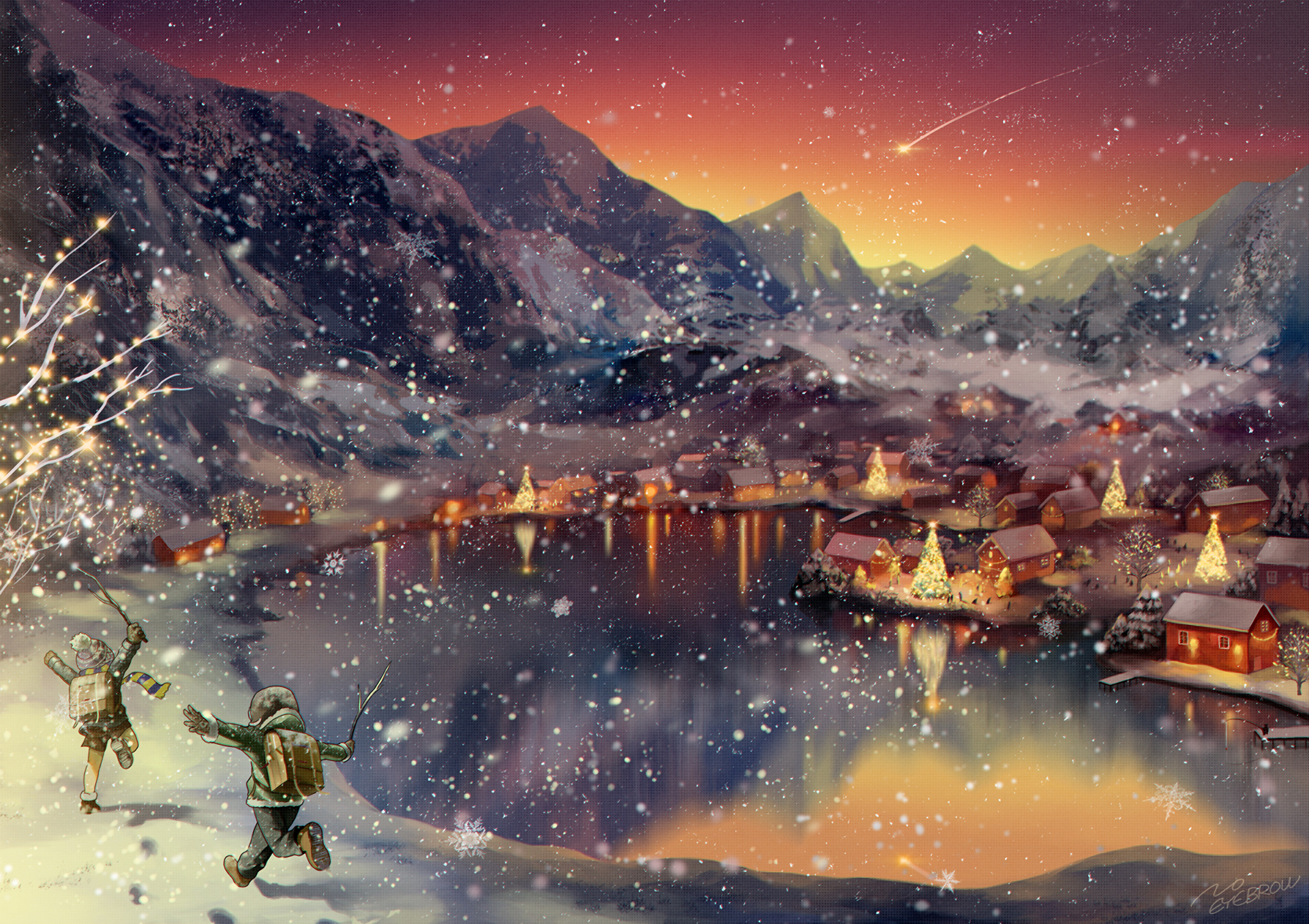 HD anime Christmas wallpaper depicting a snowy village by a lake at sunset, with festive decorations and characters in winter attire amidst gently falling snow.