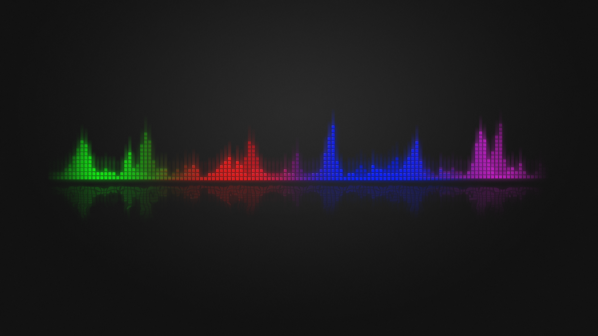 Colorful equalizer bars in green, red, blue, and purple against a black background. Abstract, HD desktop wallpaper and background.