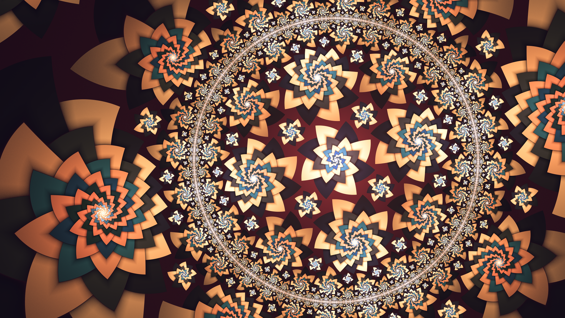 Abstract fractal design featuring a circular pattern of flower-like shapes in warm tones, rendered as a 4K Ultra HD PC desktop wallpaper and background.