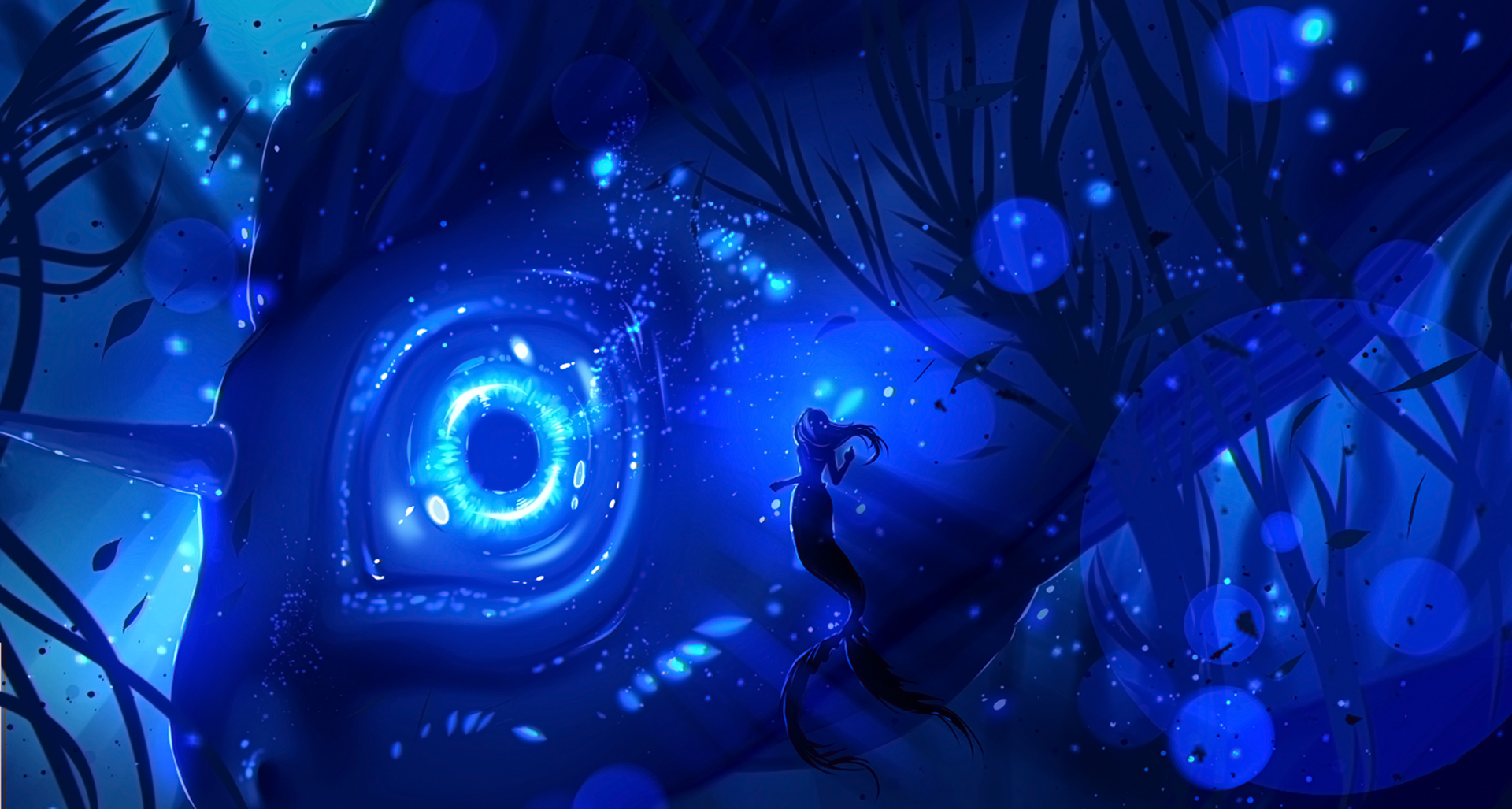 HD anime wallpaper featuring an original, mystical underwater scene with a glowing blue light, a mermaid, and aquatic plants.