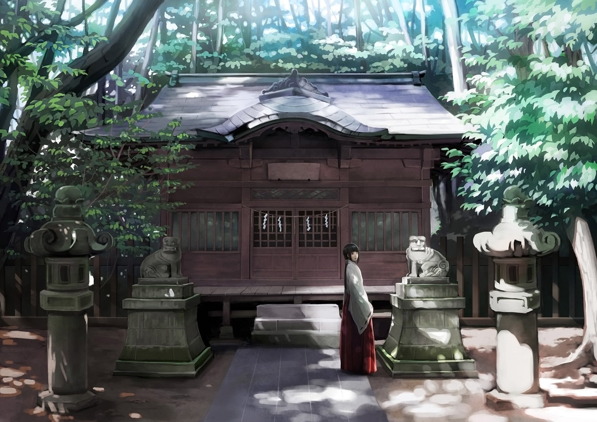 HD anime-style original desktop wallpaper depicting a serene shrine surrounded by lush greenery with a lone figure standing near stone lanterns and statues.