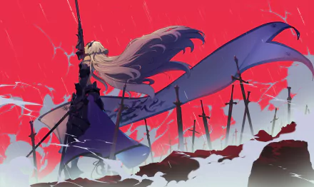 HD anime desktop wallpaper from Fate/Grand Order featuring a character with long hair and a cape standing amidst swords against a striking red sky.