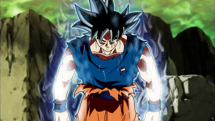 HD desktop wallpaper from Dragon Ball Super anime featuring a determined character in an intense battle stance, energy aura radiating around him, set against a rugged, rocky background.