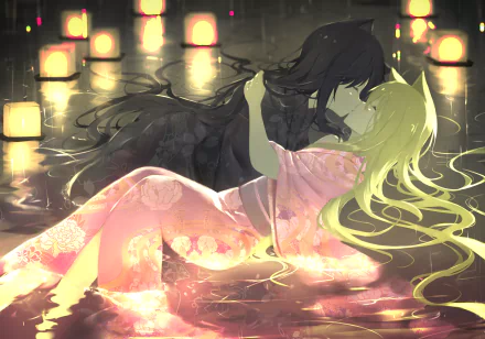 HD anime wallpaper featuring Satsuki and Yuzu from Konohana Kitan embracing in water, showcasing a yuri theme with soft lighting and detailed character designs.