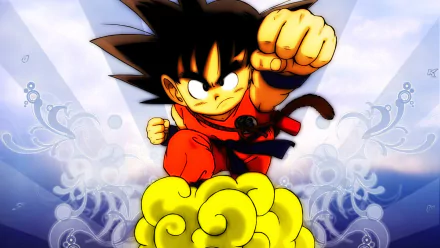 Goku from Dragon Ball anime: young Saiyan in orange gi riding the yellow Nimbus cloud, fist thrust forward — HD PC desktop wallpaper/background.