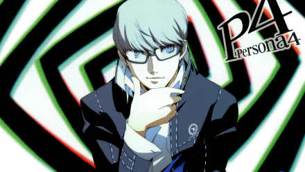 HD PC wallpaper of Yu Narukami (Seta Souji) from the Persona 4 video game/Persona 4 Golden: bespectacled student, hand on chin, against a red-green spiral background with P4 logo.