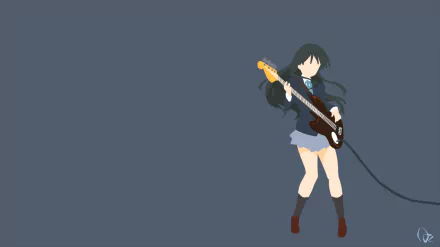 Minimalist 2K Quad HD PC desktop wallpaper of Mio Akiyama (K-ON!) in anime silhouette playing bass against a muted gray background.