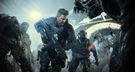 HD PC desktop wallpaper featuring intense action scenes from the video game Resident Evil 7: Biohazard with armed characters battling monstrous creatures.