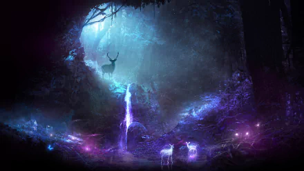 A HD fantasy wallpaper featuring a mystical night scene with a glowing waterfall and ethereal deer, evoking a spirit-like ambiance.