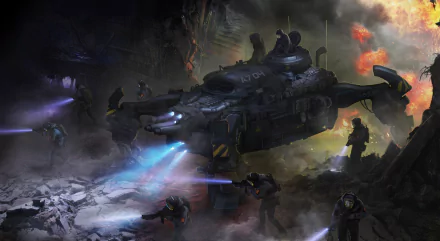 4K Ultra HD sci-fi military scene featuring armored soldiers and a futuristic mecha vehicle in a dark, war-torn environment with glowing blue thrusters.