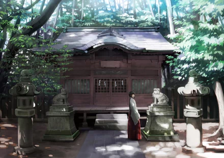 HD anime-style original desktop wallpaper depicting a serene shrine surrounded by lush greenery with a lone figure standing near stone lanterns and statues.