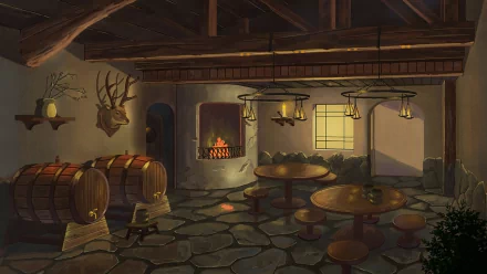 Anime-style original HD desktop wallpaper depicting a cozy rustic interior with barrels, wooden tables, a warm fireplace, and stone flooring.