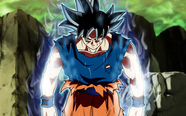 HD desktop wallpaper from Dragon Ball Super anime featuring a determined character in an intense battle stance, energy aura radiating around him, set against a rugged, rocky background.