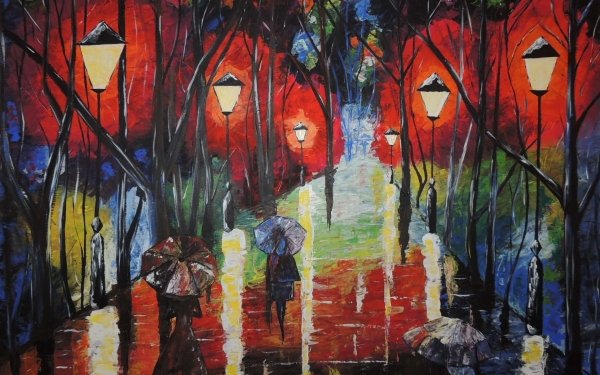 Artistic Painting People Umbrella Street Lamp Post HD Wallpaper | Background Image