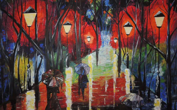Artistic painting of a street scene with glowing lamp posts, people walking under umbrellas on a rainy, vibrant red-toned background, designed as an HD PC desktop wallpaper.
